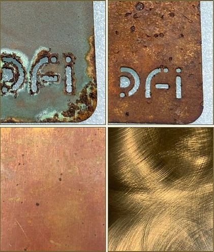 Antique, oxidised and burnished metal finish samples