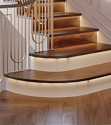 Brass balusters on a curved timber staircase