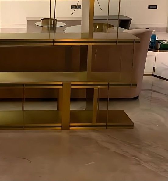 Brass console table in a hotel corridor