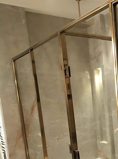 Brass-framed glass partition in a hotel bathroom