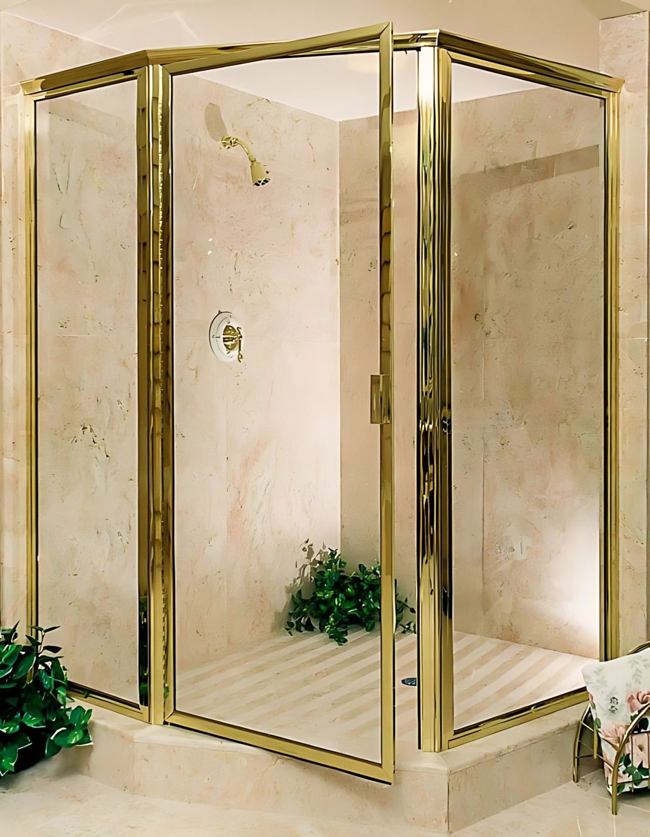 Brass-framed shower cubicle