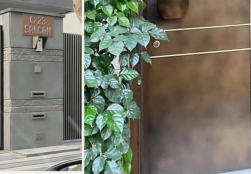 Brass line inlays across a metal boundary gate