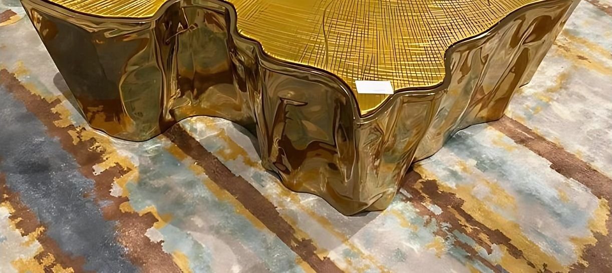 Brass coffee table with a cast tree-ring surface