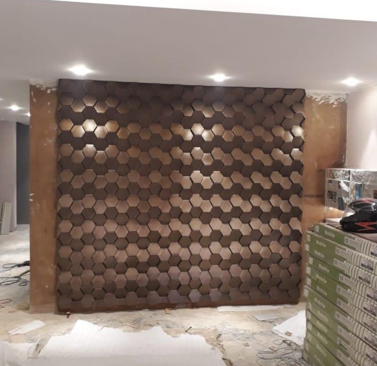 Bronze three-dimensional hexagonal feature wall