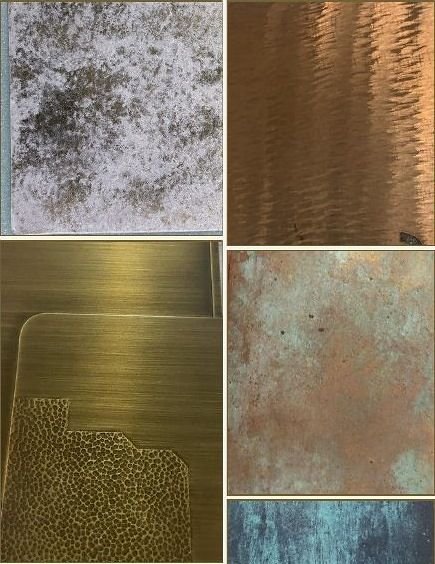 Brushed and patinated metal finish samples