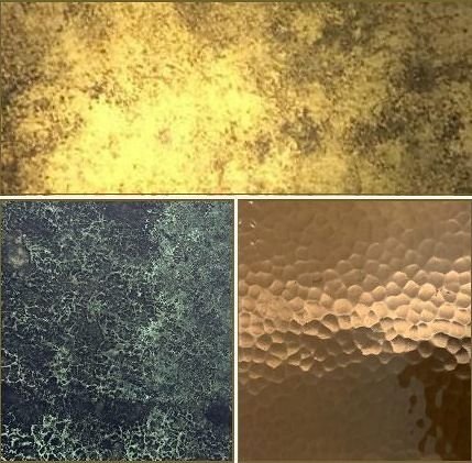 Hammered and verdigris metal finish samples