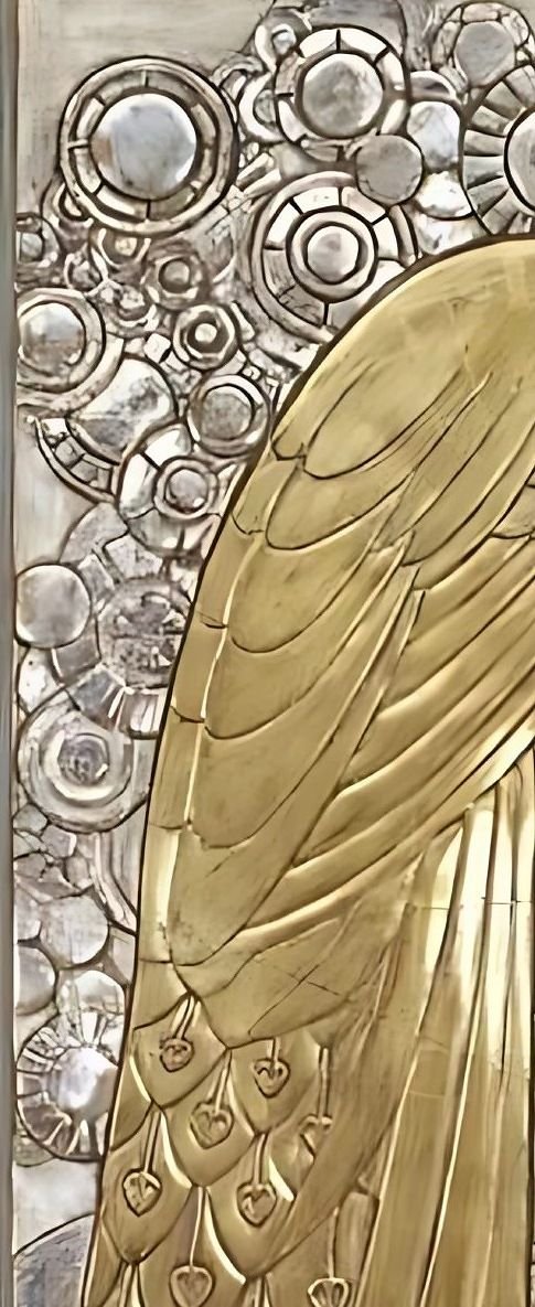 Detail of a hand-beaten brass peacock relief panel