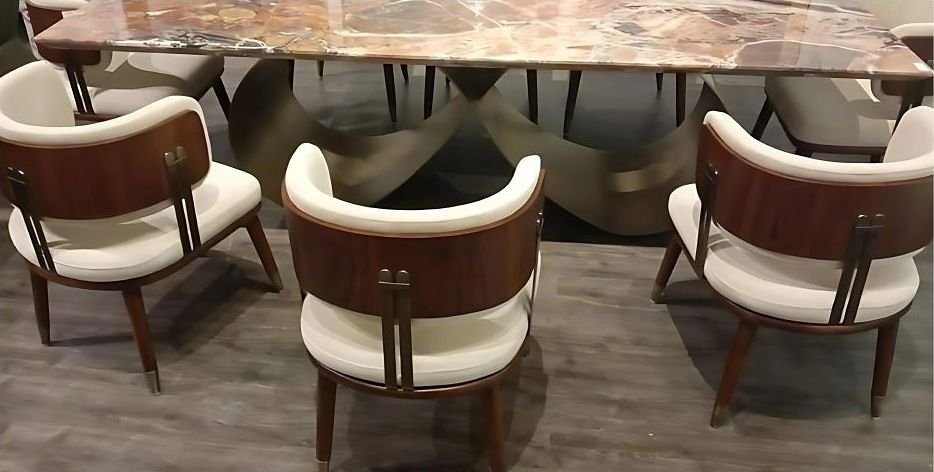 Metal-framed upholstered dining chairs in a restaurant