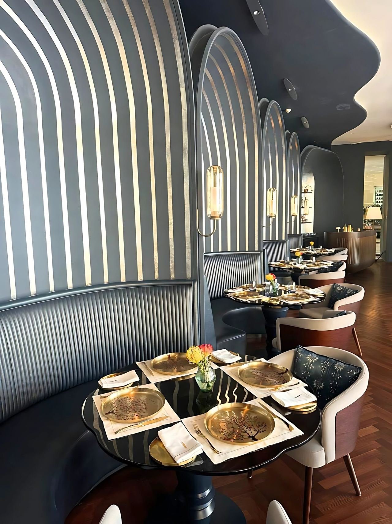 Metal-framed furniture in a hospitality interior