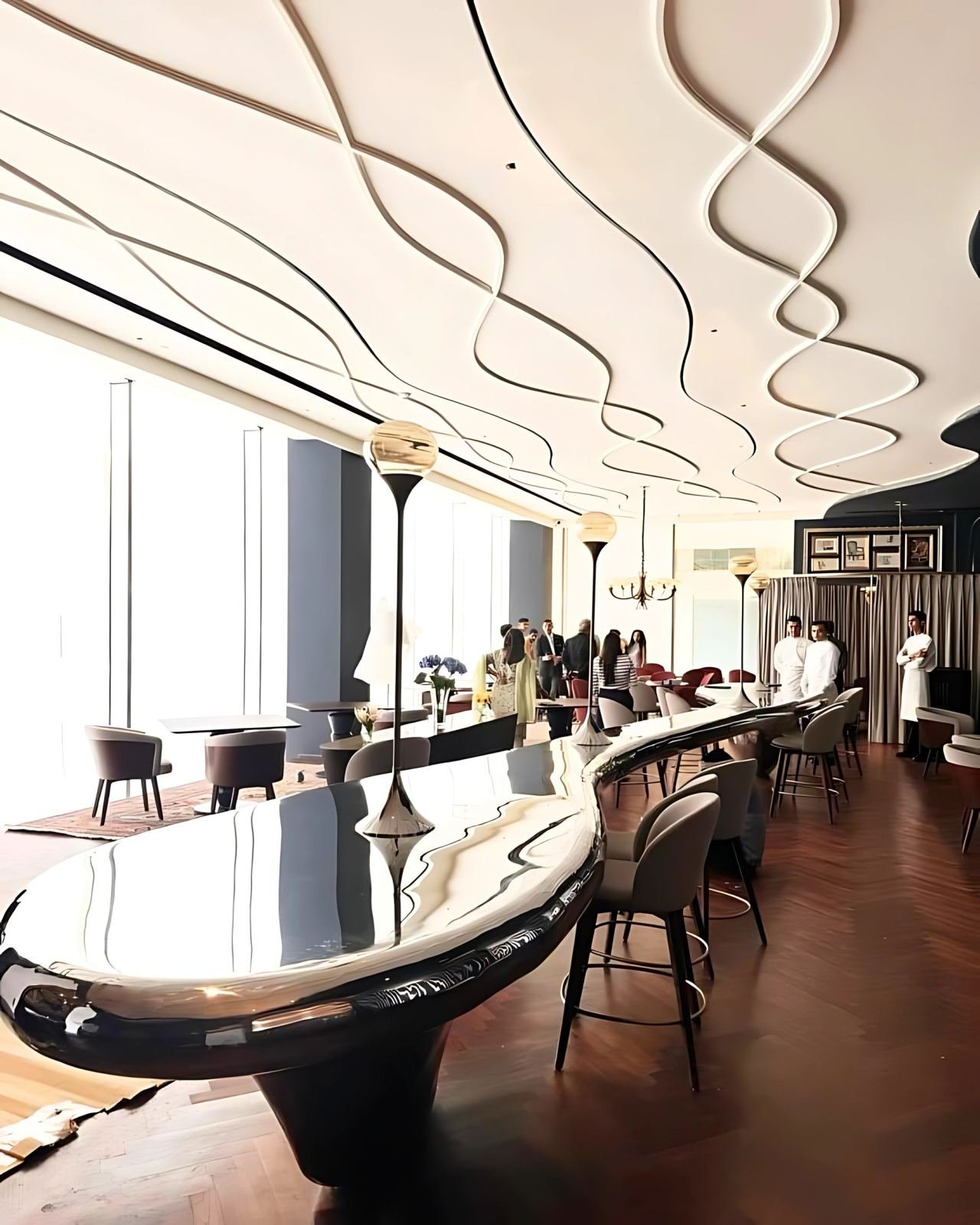 Metal-framed furniture in a hospitality interior
