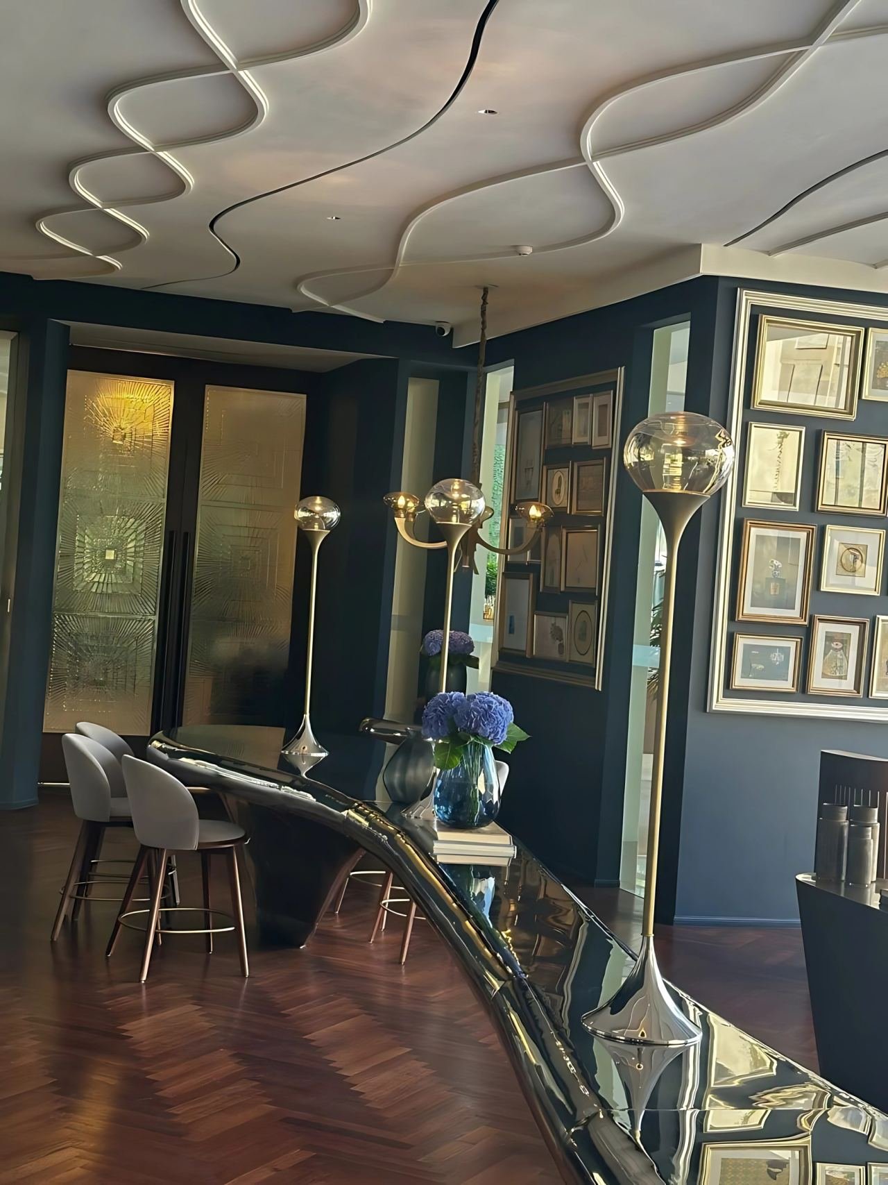 Metal-framed furniture in a hospitality interior