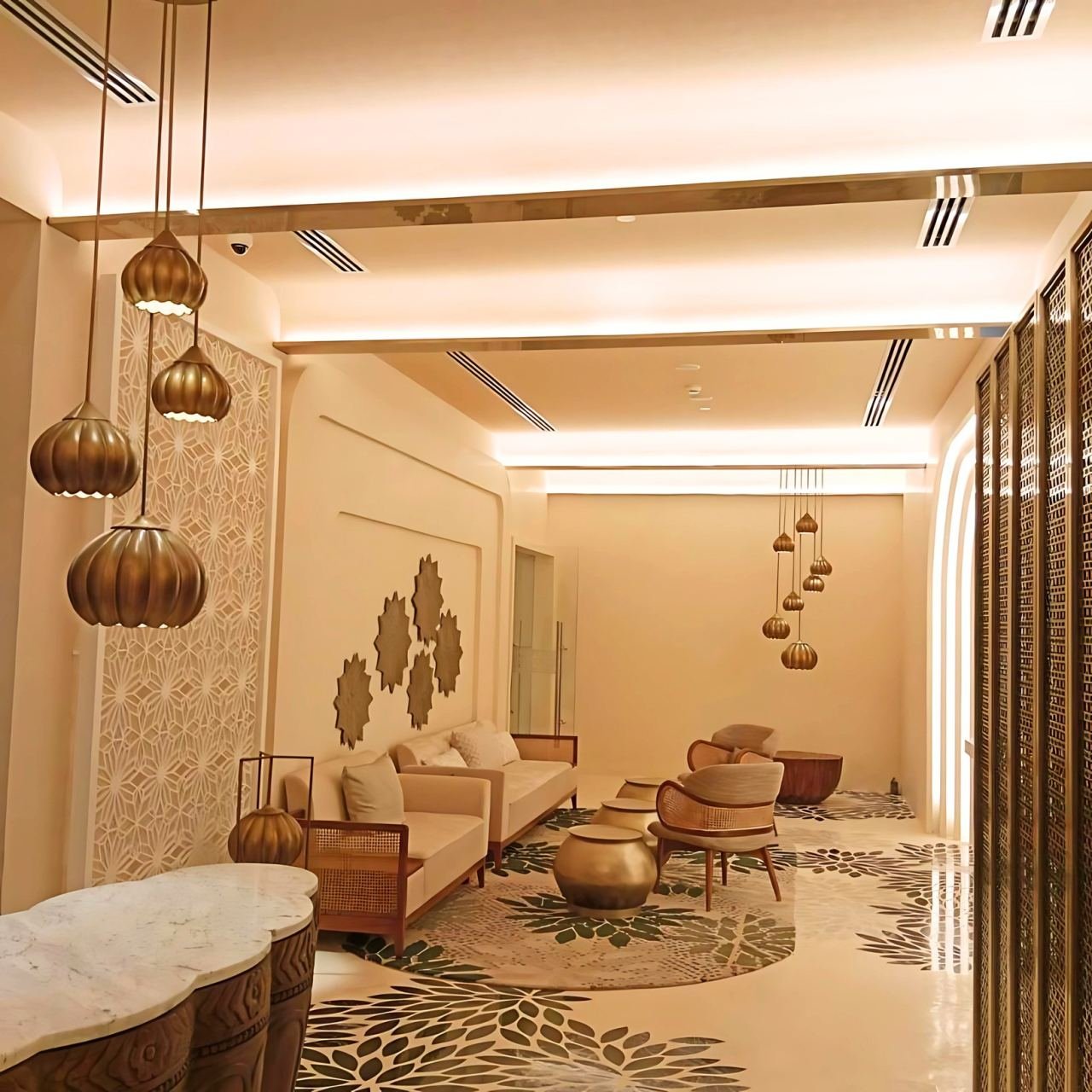 Metal-framed furniture in a hospitality interior