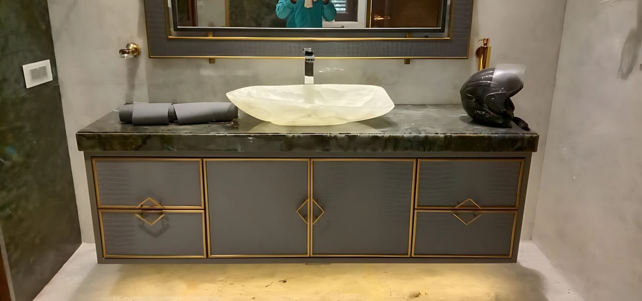 Metal shelving and console in a residential interior