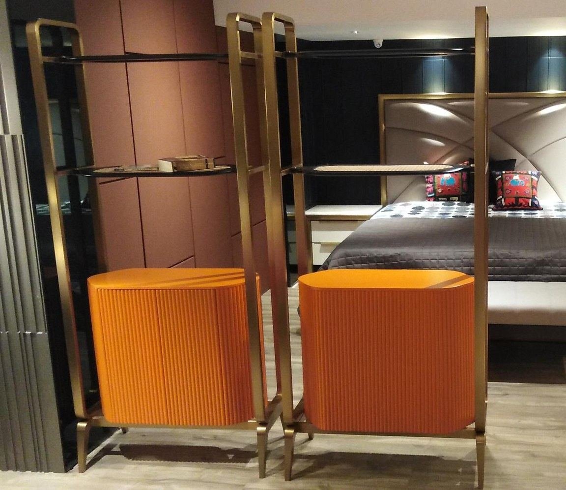 Metal shelving and console in a residential interior