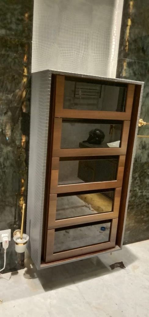 Metal shelving and console in a residential interior
