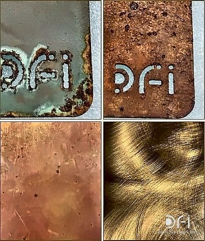 Antique, oxidised and burnished metal finish samples