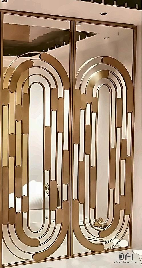 Art-deco patterned brass screen doors with slim vertical handles