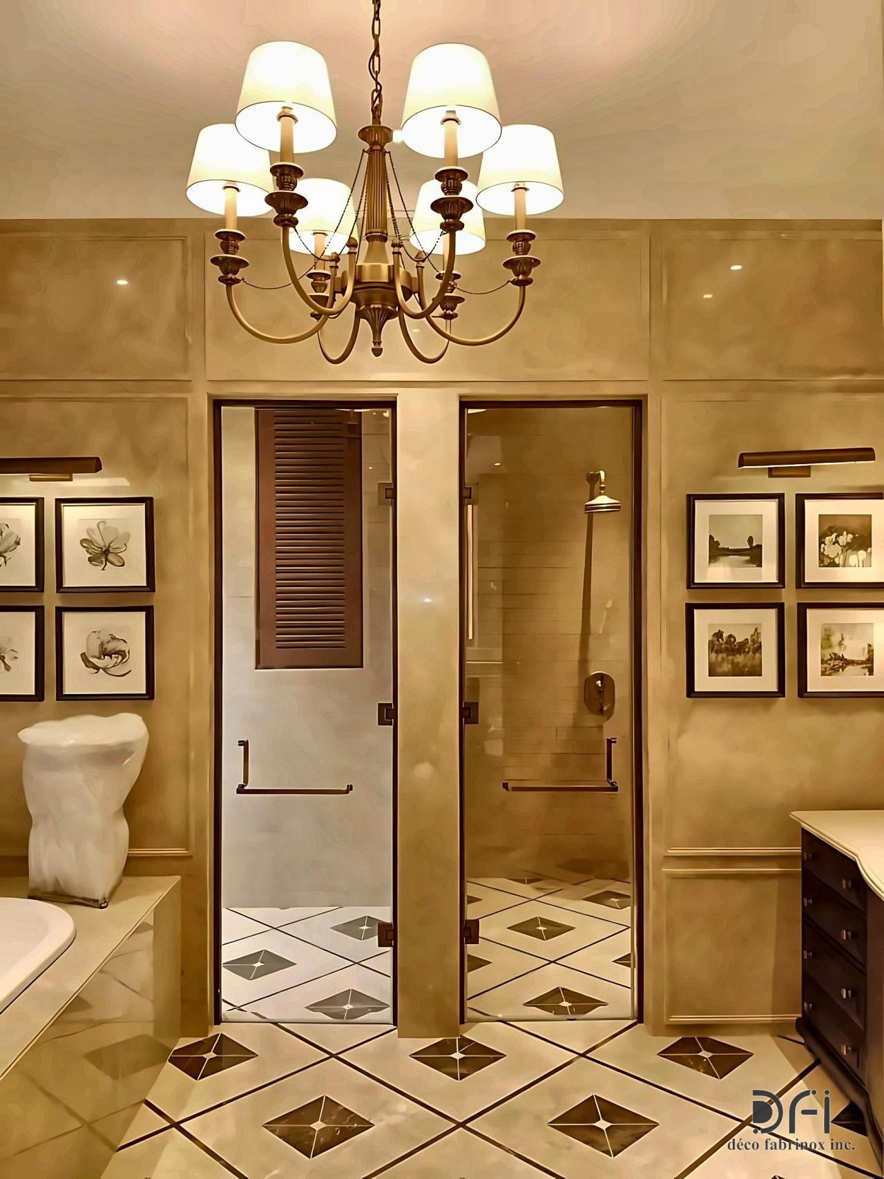 Bronze-framed shower and washroom doors in a classic bathroom
