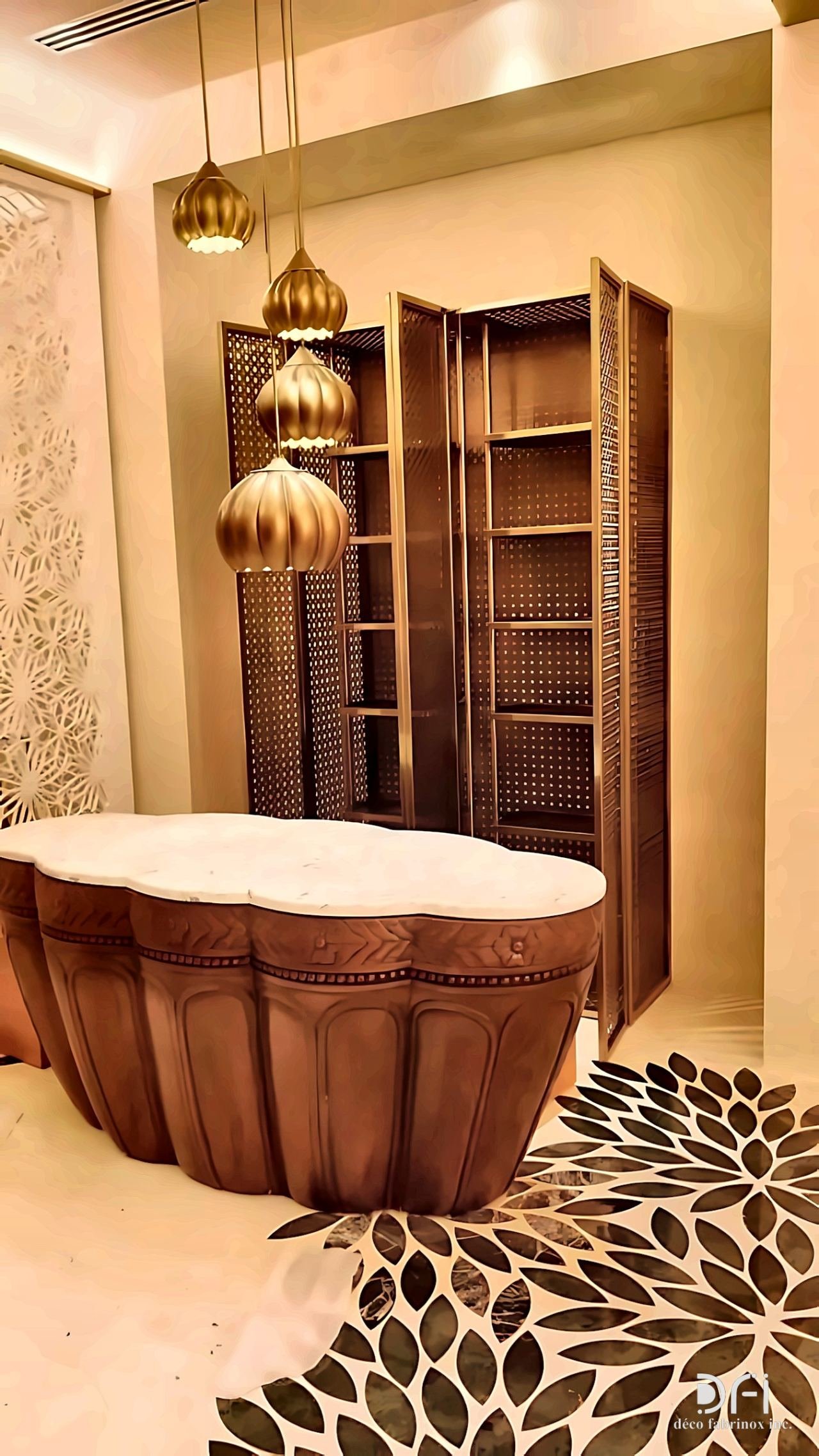 Copper bathtub and brass shelving in a bathroom with pendant lights