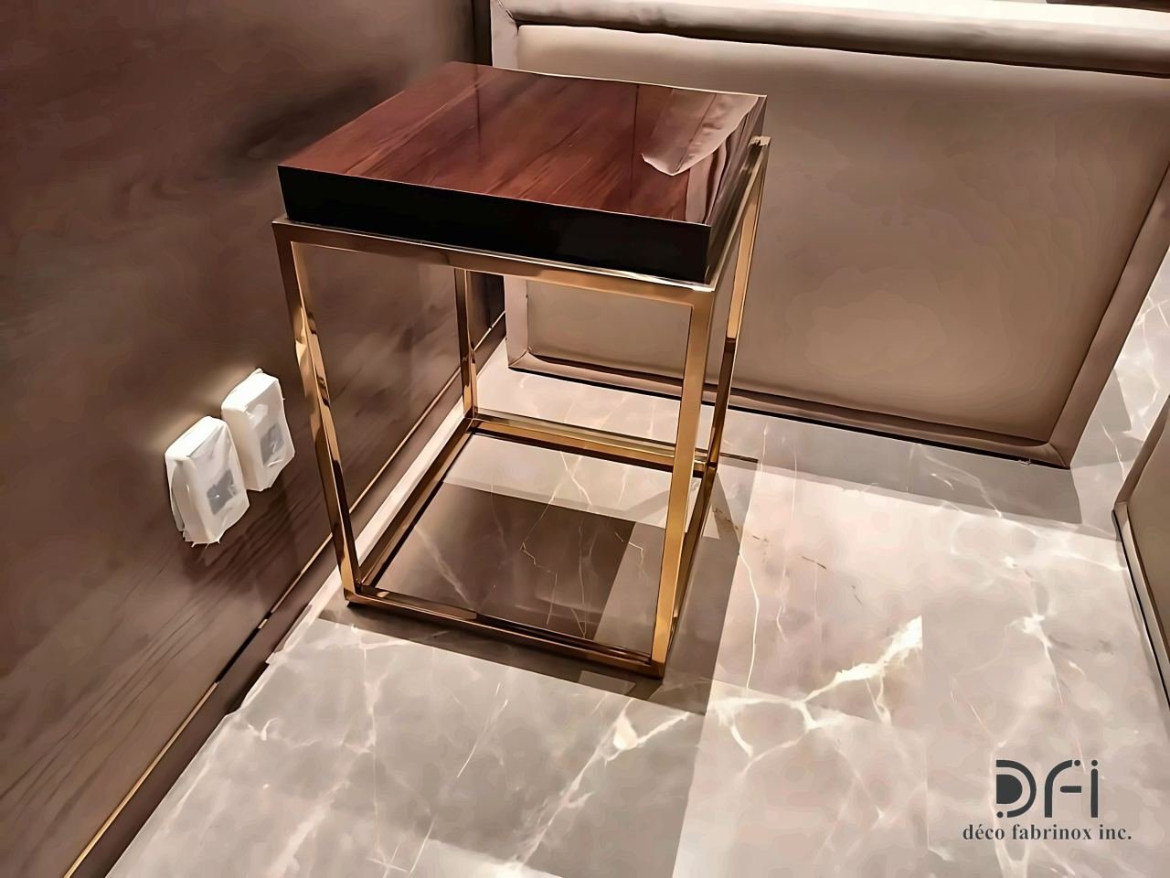 Brass-framed side table with a timber top