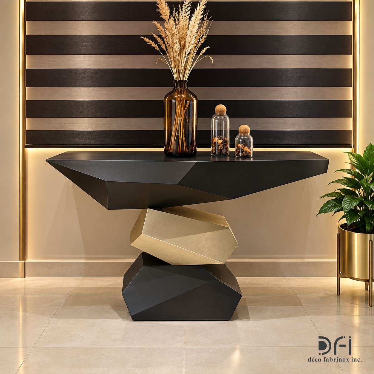 Black metal console with a sculpted, twisted base