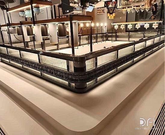 Blackened steel canopy framing a hotel bar counter