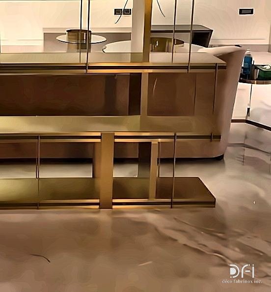 Brass console table in a hotel corridor