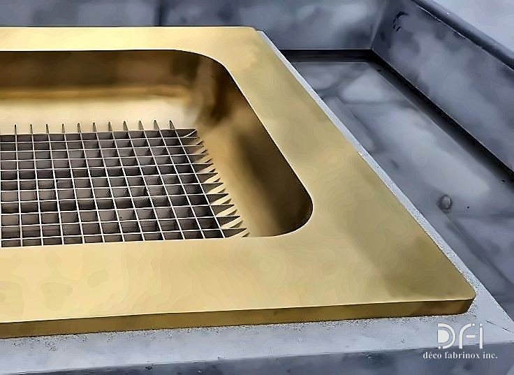Brass fire basket set in a formed hearth tray