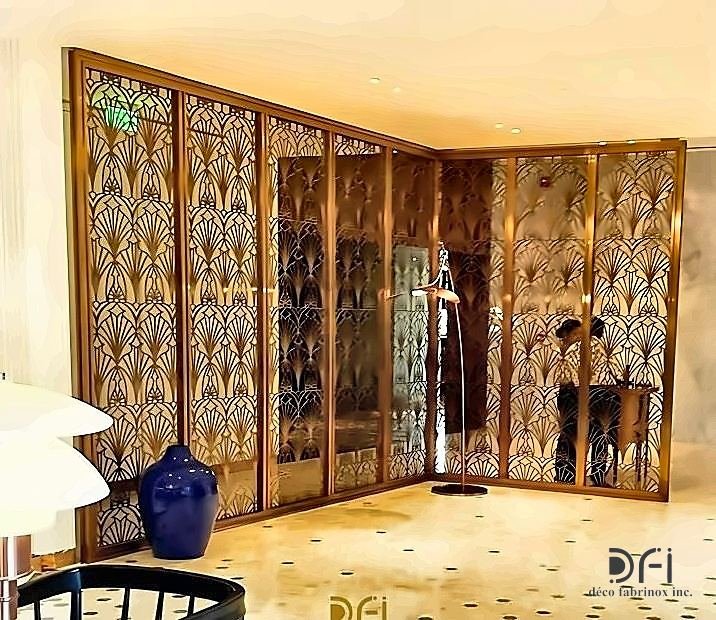 Brass folding screens enclosing a hotel lobby corner