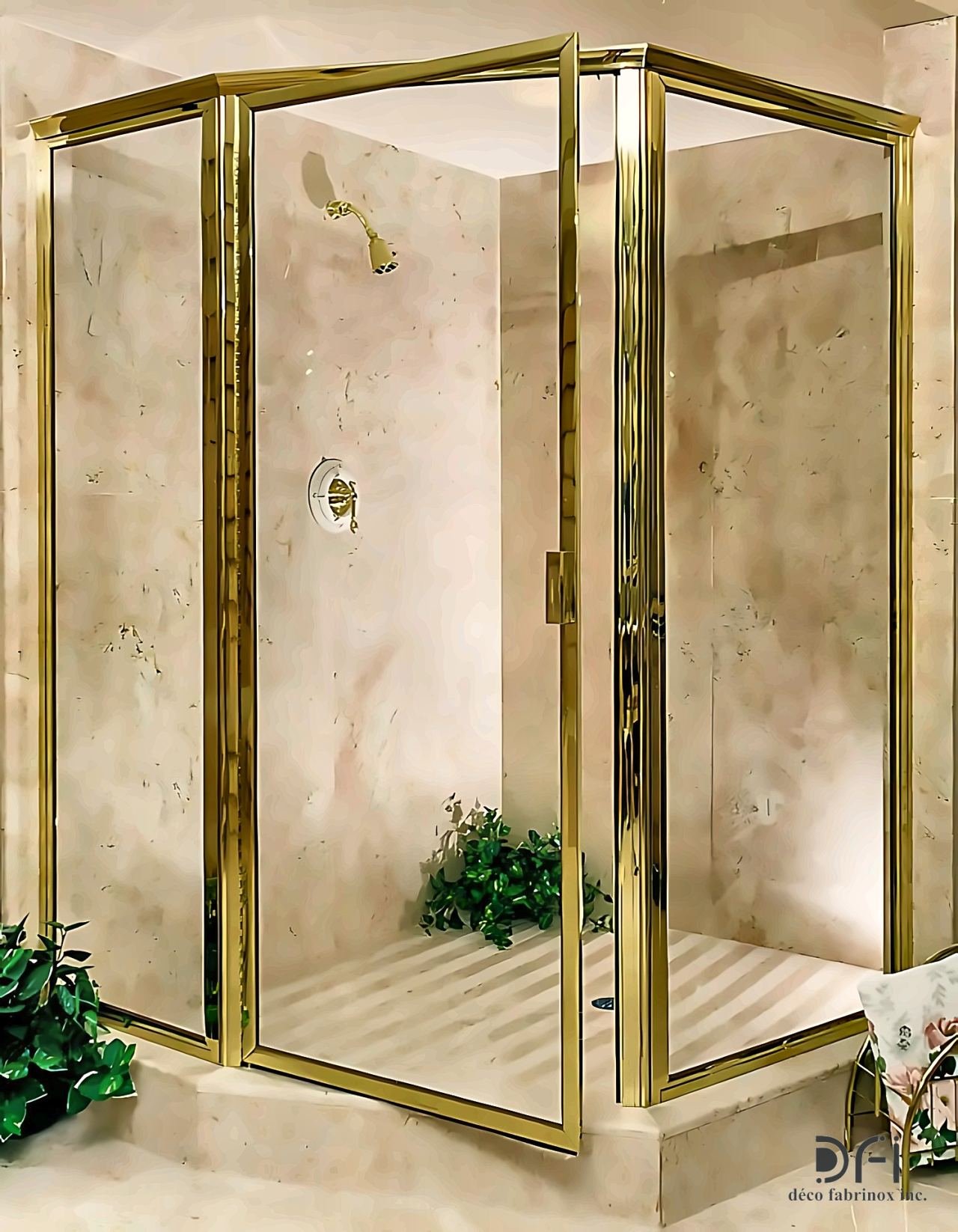 Brass-framed glass shower enclosure on beige stone