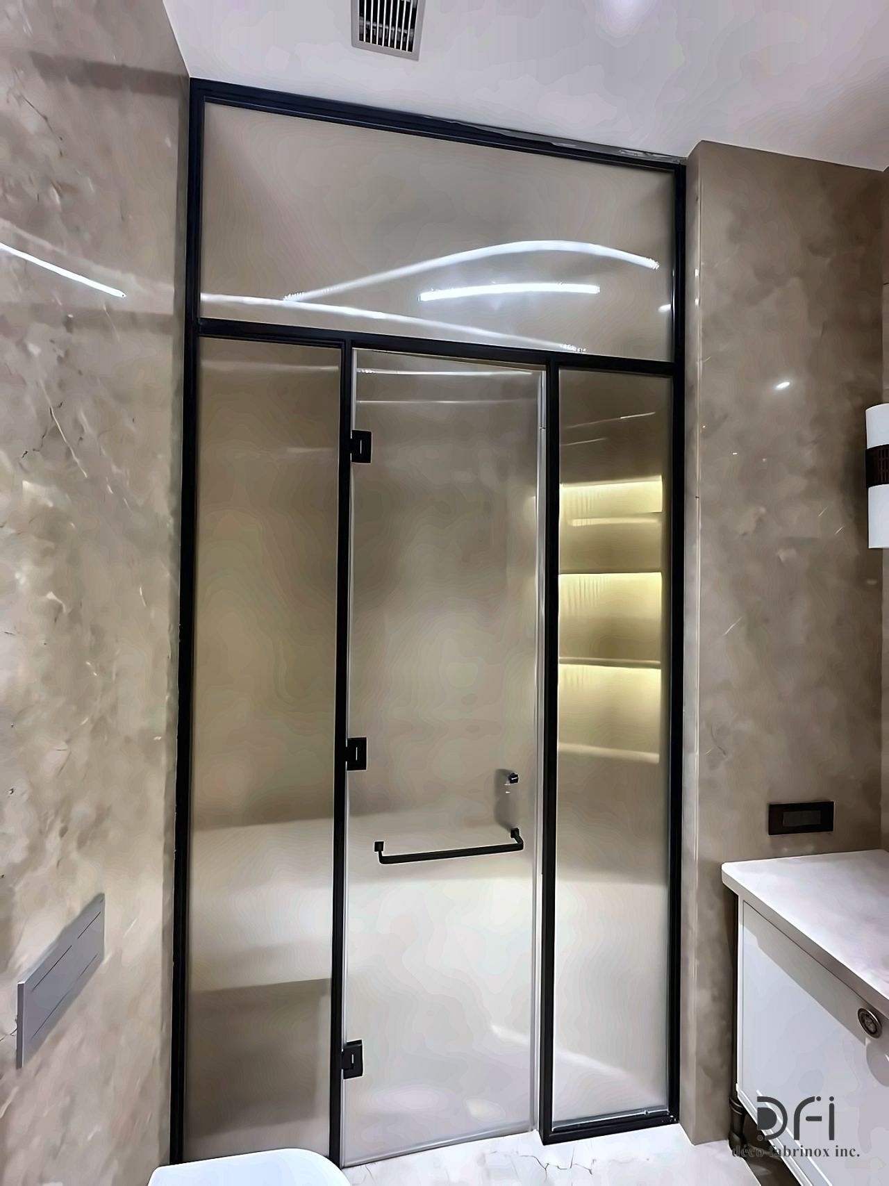 Black slim-framed glass shower door