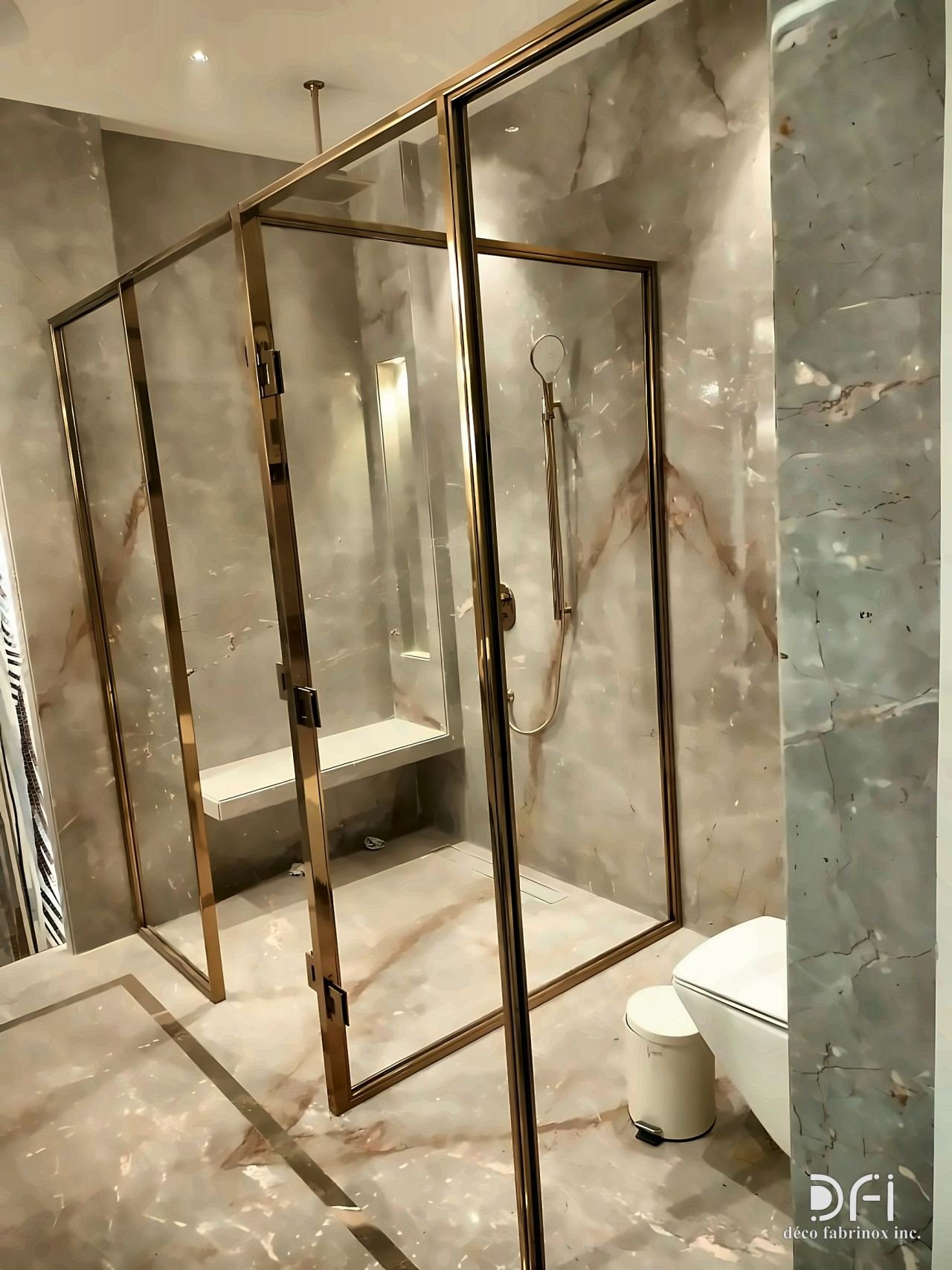 Bronze-framed shower enclosure in a marble bathroom