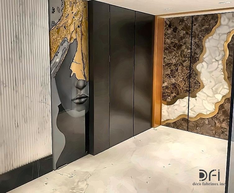 Brass inlay wall panelling along a corridor