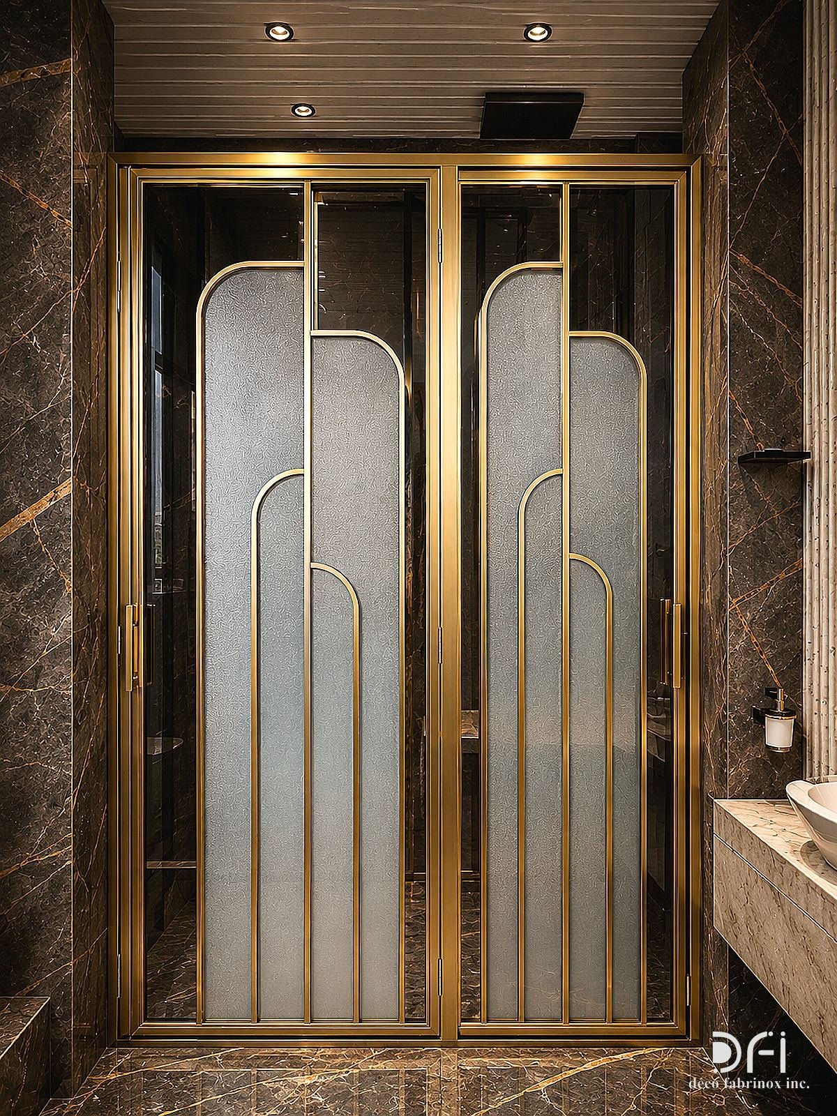 Brass shower doors with arched frosted glass