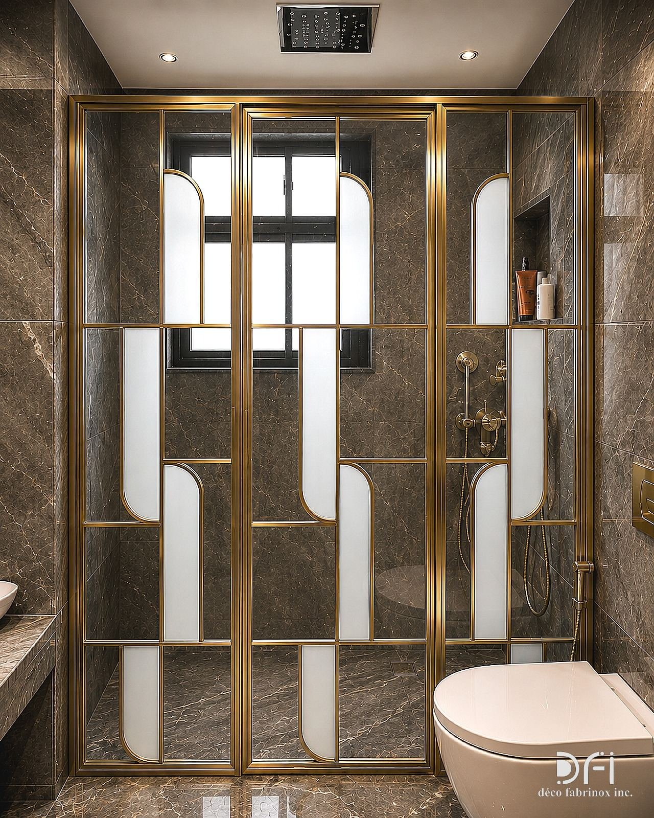 Art-deco brass shower enclosure with frosted panels