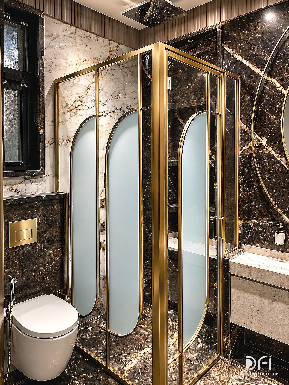 Brass shower enclosure with oval frosted panels