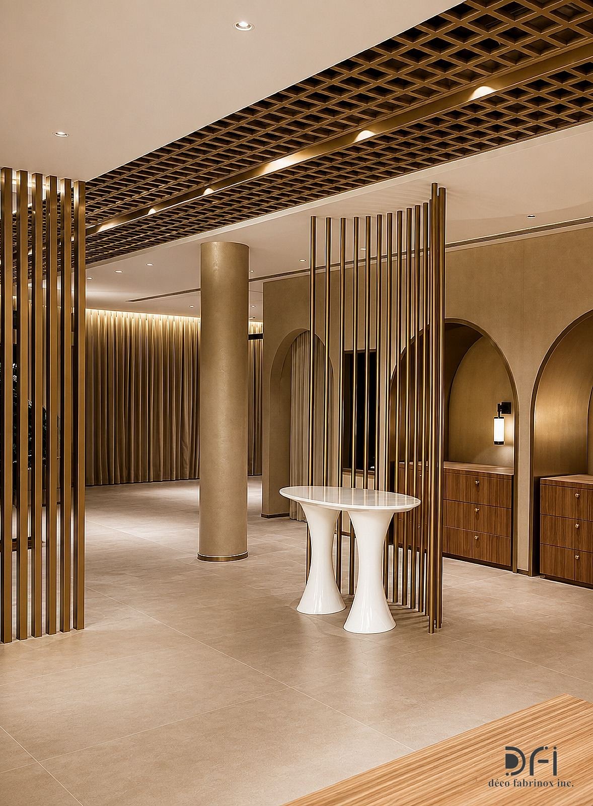 Brass slat screens around a showroom hall with a grid ceiling