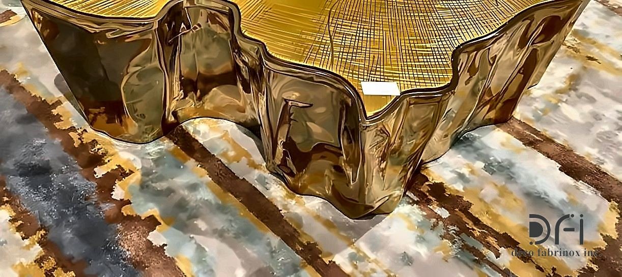 Brass coffee table with a cast tree-ring surface