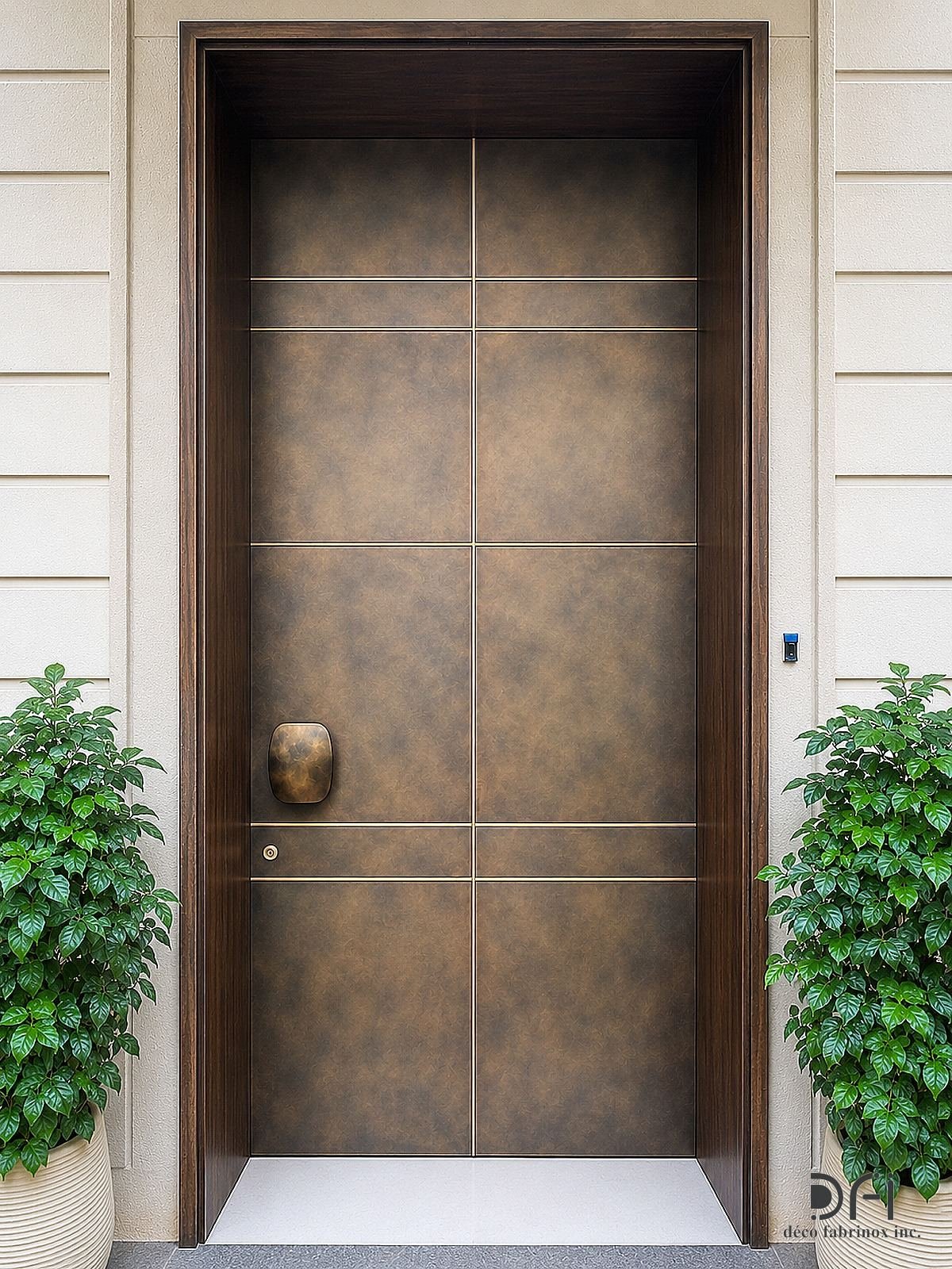 Bronze villa door with a pebble-shaped handle