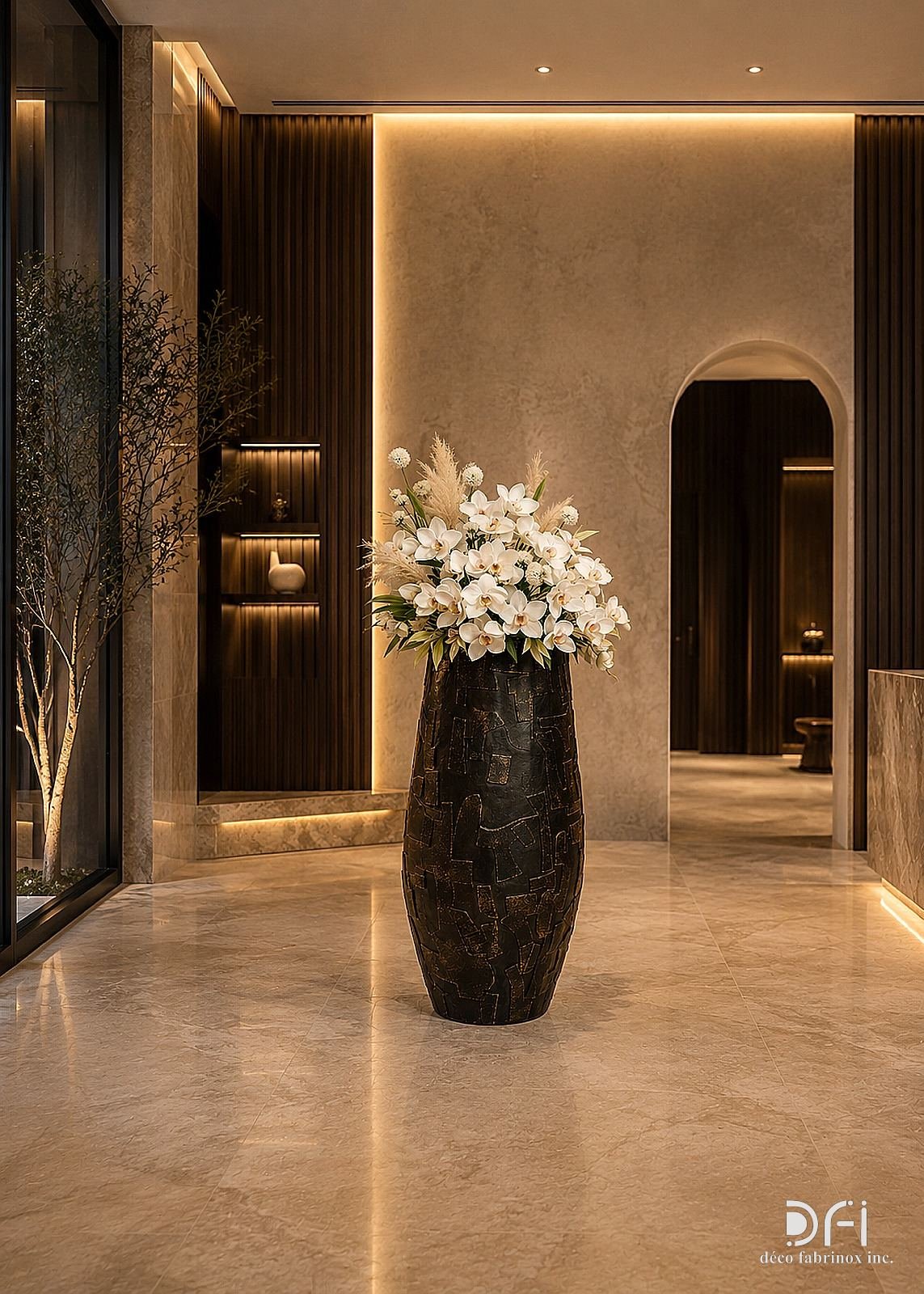 Bronze vase with lilies in a lobby corridor