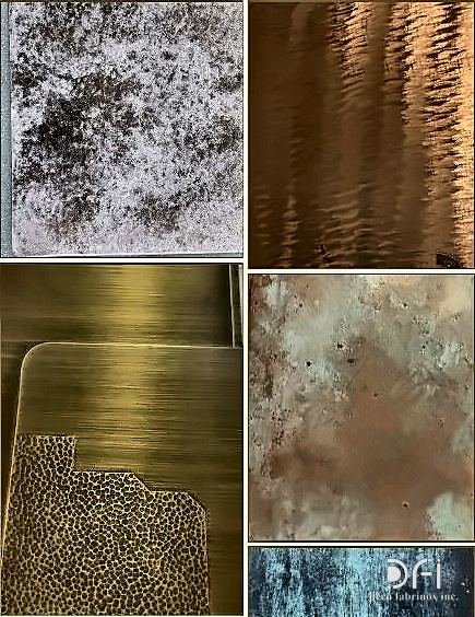 Brushed and patinated metal finish samples