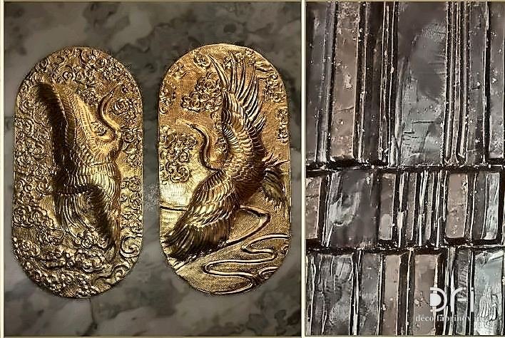 Cast metal relief plaques and an embossed bark-textured panel
