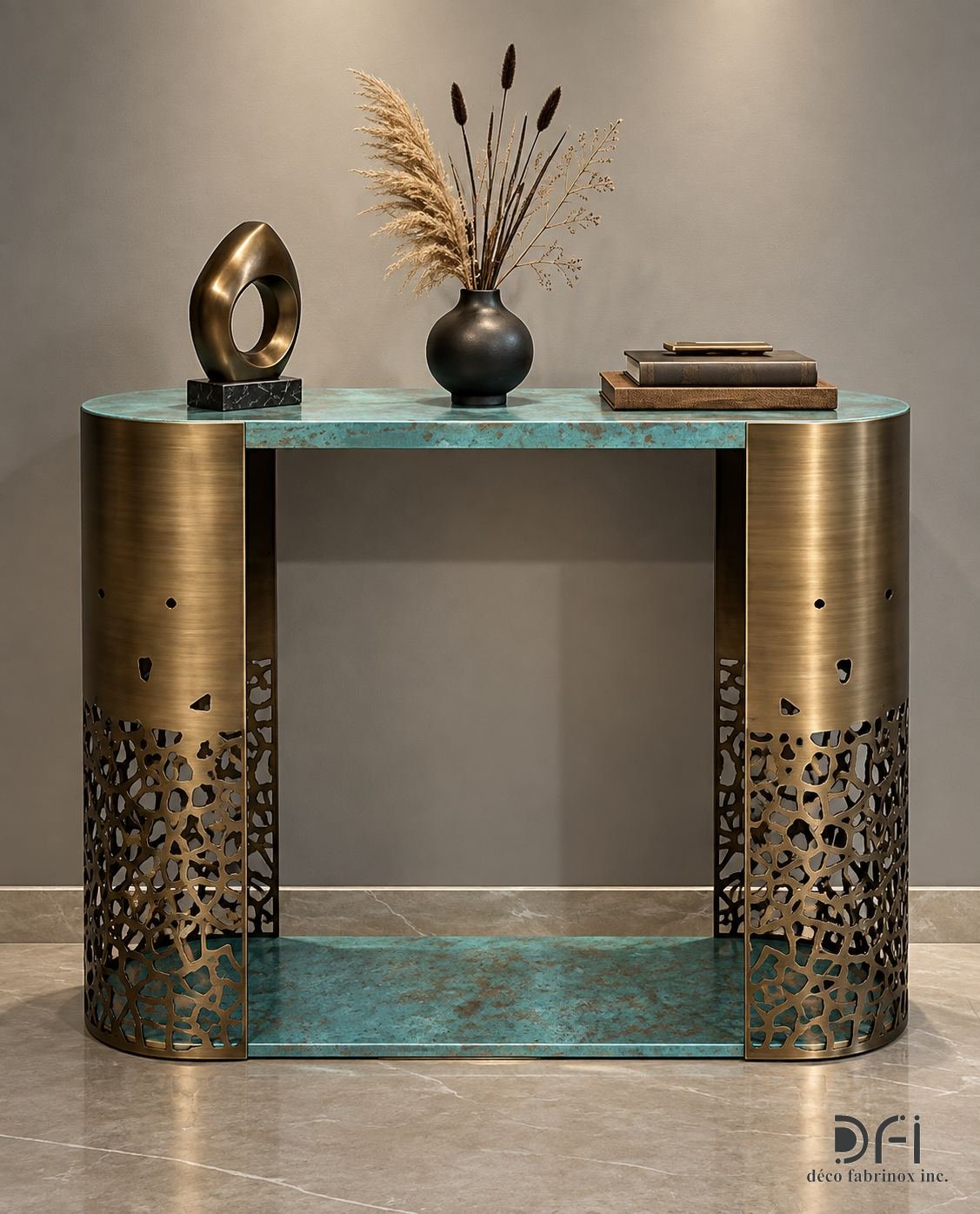 Console table with a laser-cut jaali metal base and a green stone top