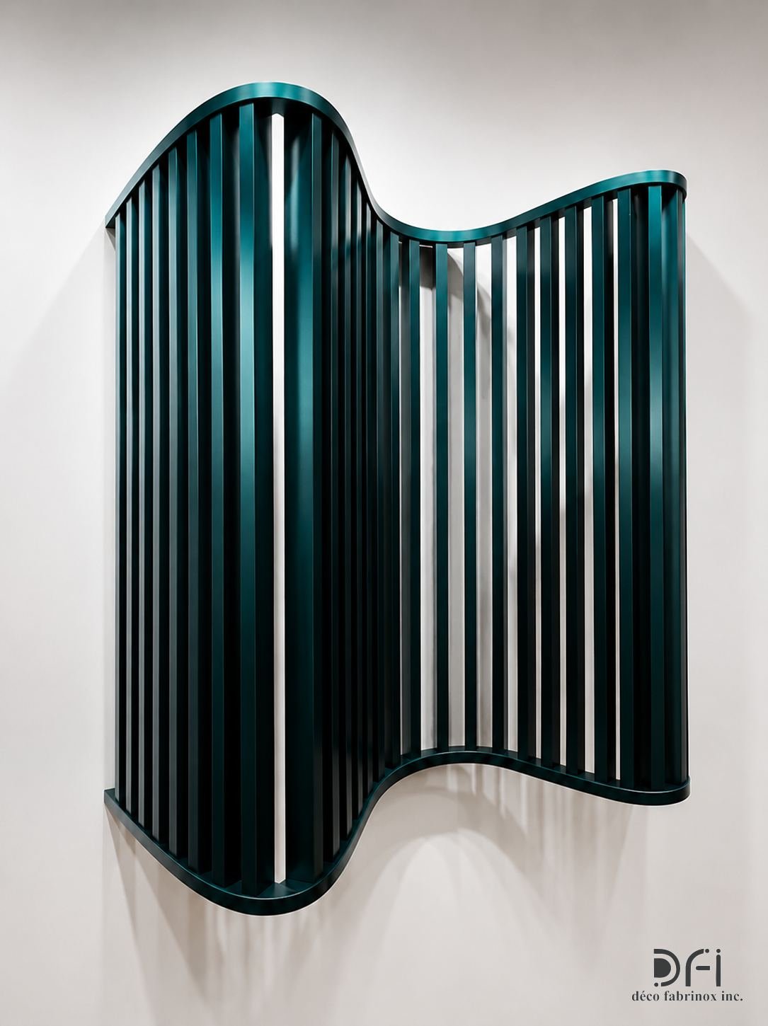 Curved fluted metal screen in a deep green finish