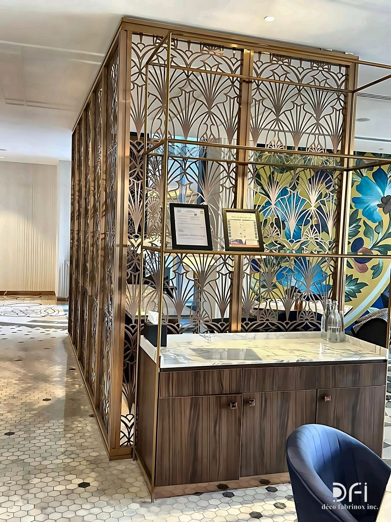 Brass art deco screens enclosing a vanity