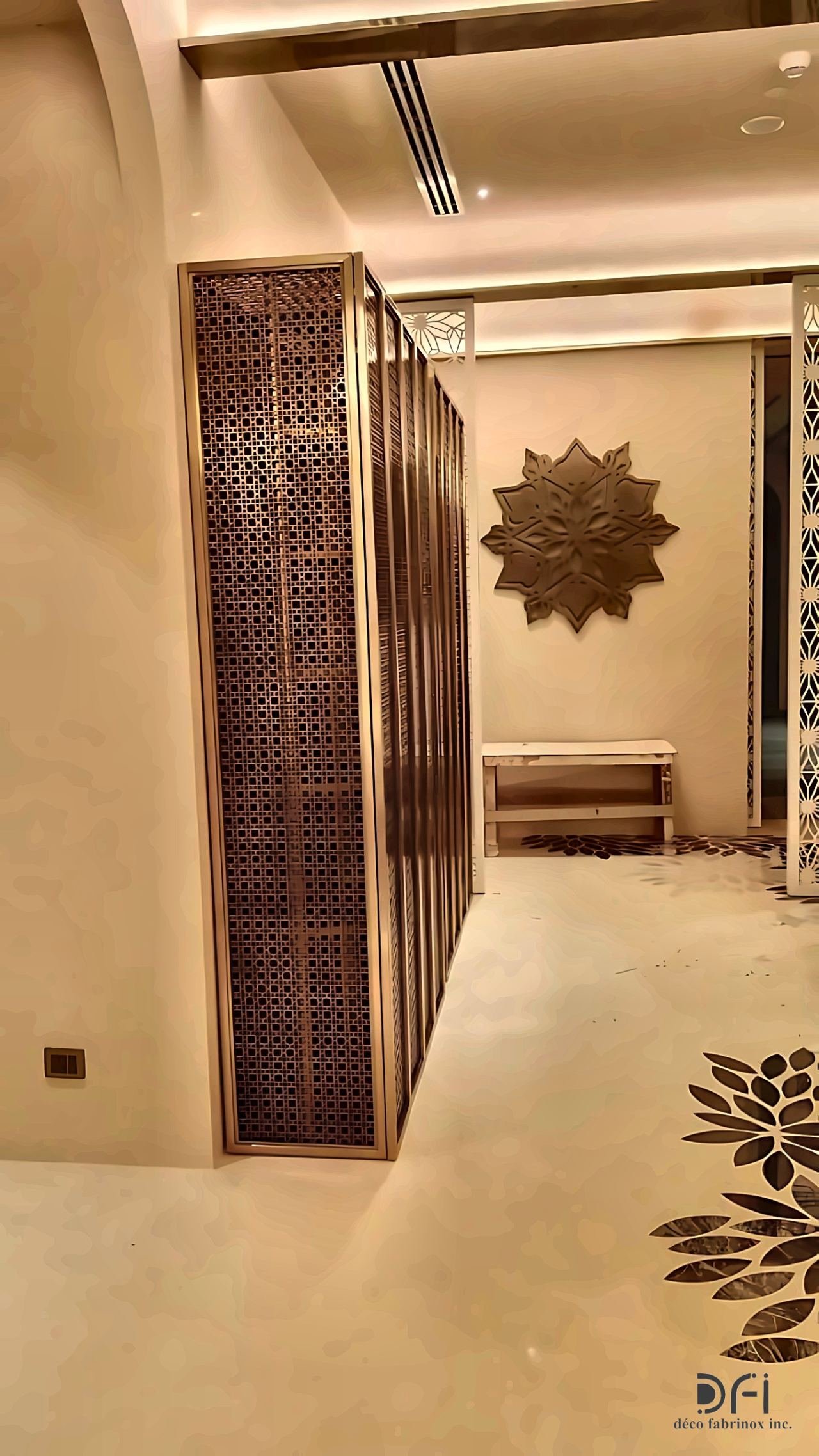 Bronze lattice screen panels in a hallway