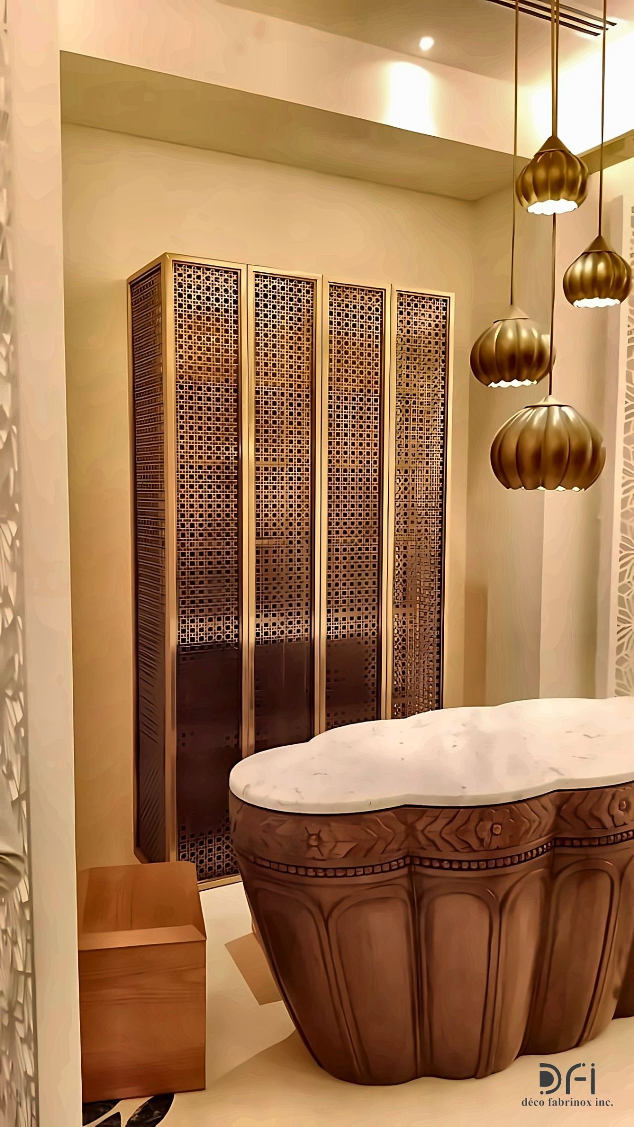 Perforated bronze cabinet beside a sculpted vanity basin