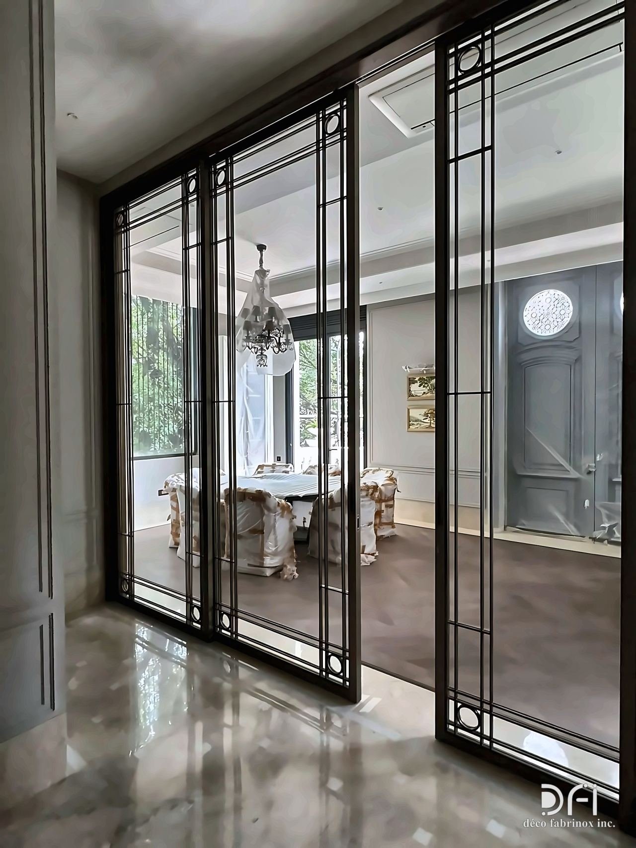Black steel-framed glass sliding doors