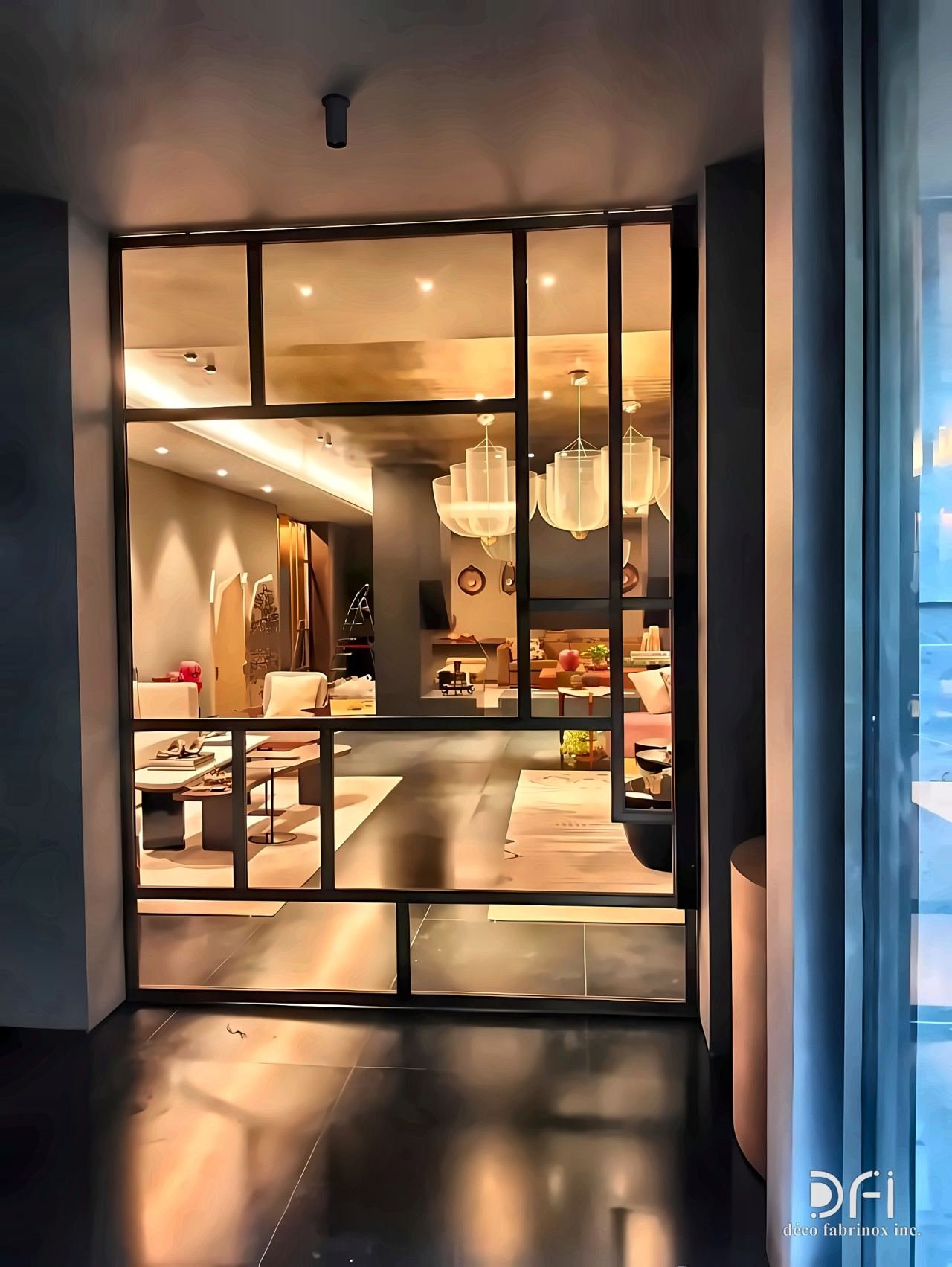 Black steel-framed glass entrance with grid glazing