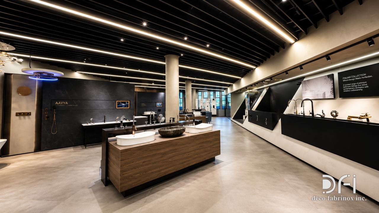 Lobby ceiling with linear metal baffles and lighting